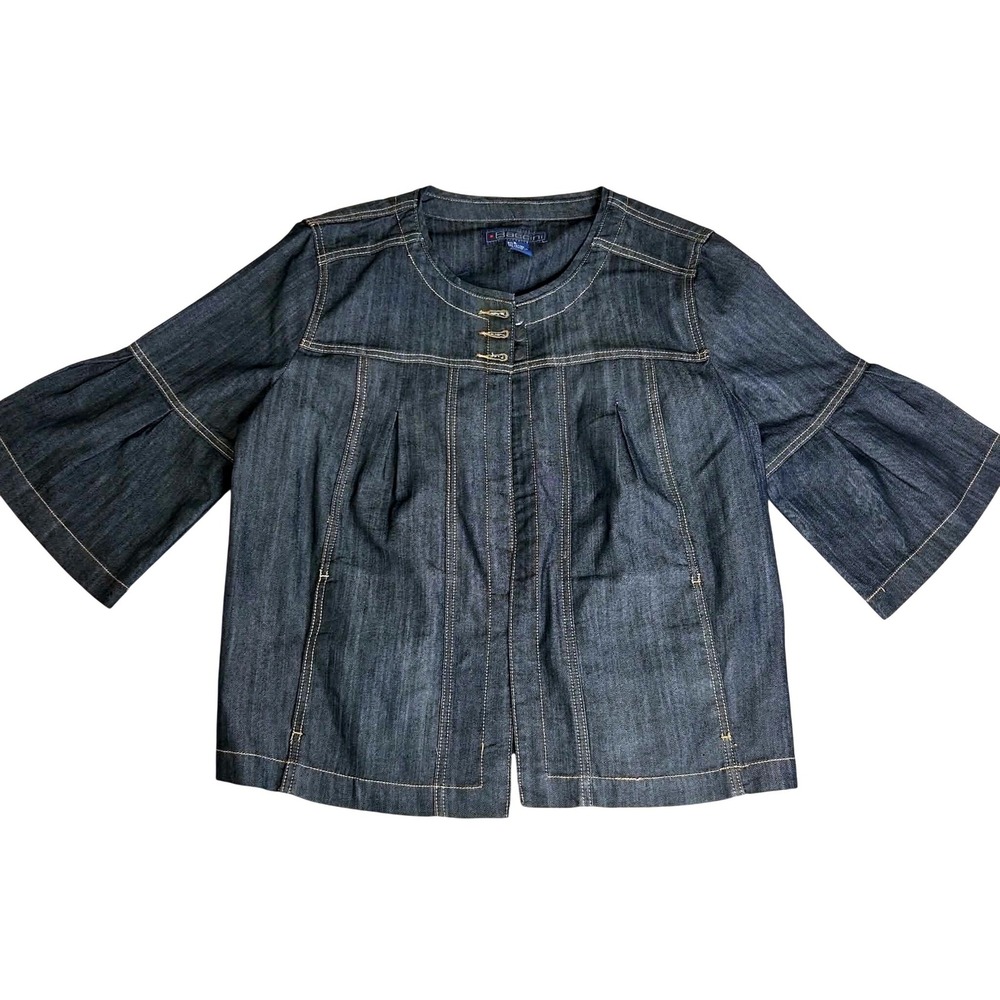 Baccini Womens XL Dark Wash Denim Bell Sleeve Toggle Crop Jacket Collarless